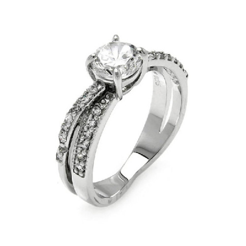 Anillo De Plata 2 Banda Superpuesta Con Centro De Piedras De Zirconia Cúbica - BGR00467-5
