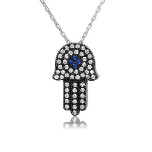 Gargantilla Hamsa De Plata Rodinada Negra Mano Con Circones Blanco Central Azul - GMN00004N