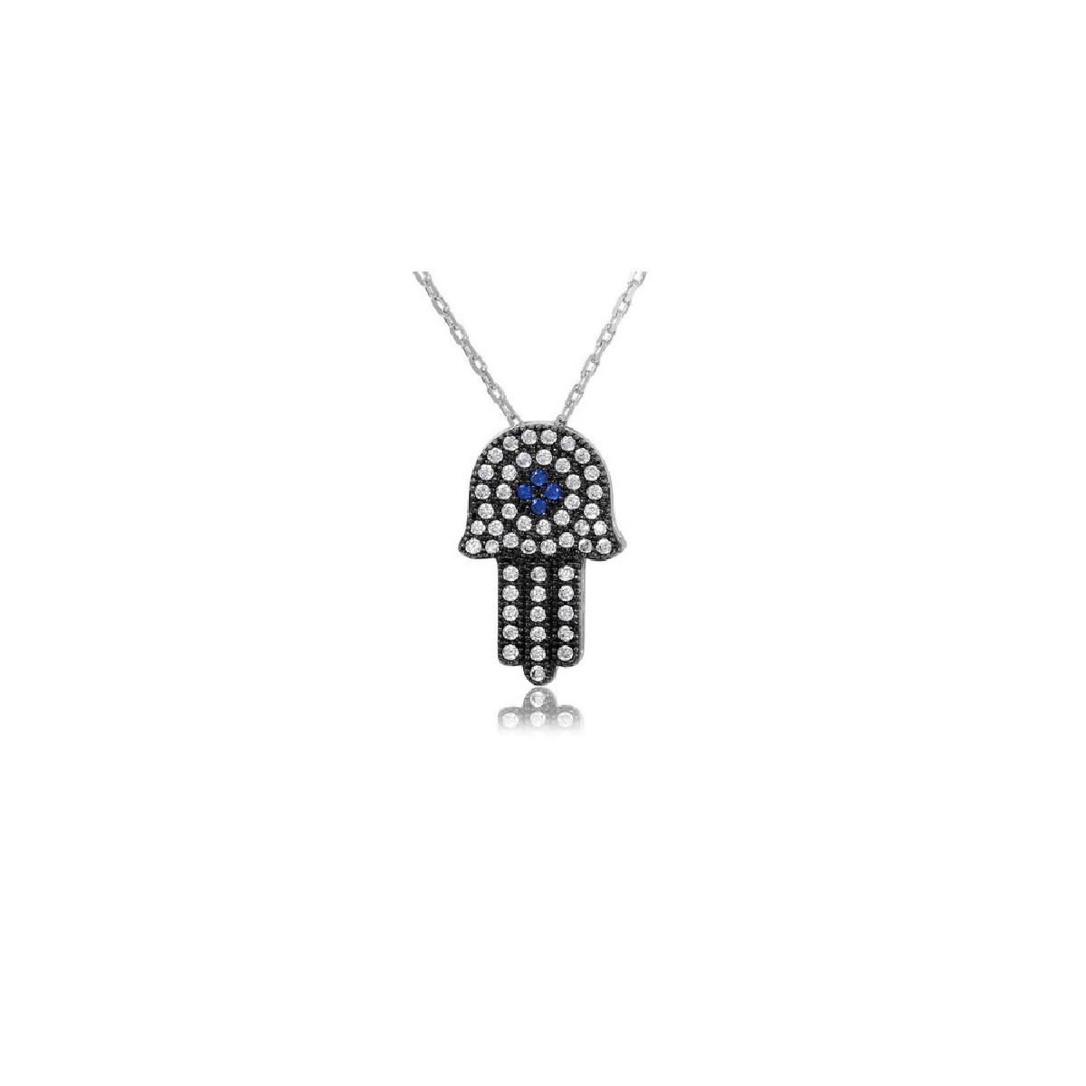Gargantilla Hamsa De Plata Rodinada Negra Mano Con Circones Blanco Central Azul - GMN00004N