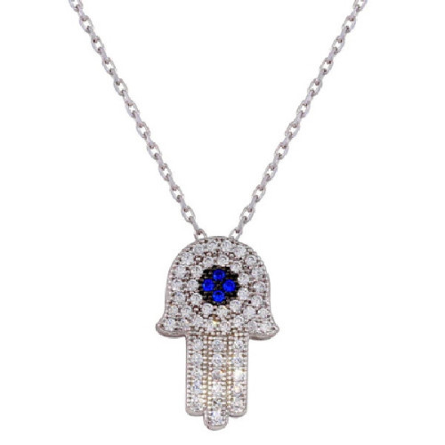 Gargantilla Hamsa De Plata Rodinada Con Circones Blanco Central Azul - GMN00004
