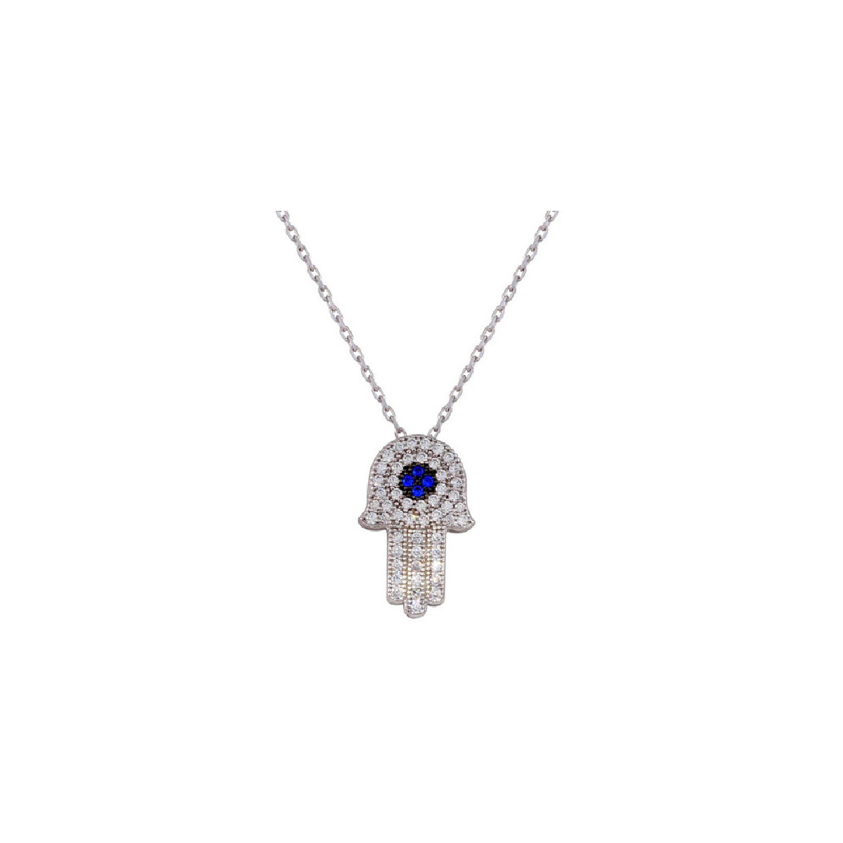 Gargantilla Hamsa De Plata Rodinada Con Circones Blanco Central Azul - GMN00004