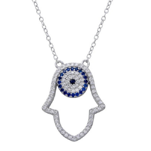 Gargantilla Hamsa De Plata Rodinada Con Ojo Circulo Azul Circones - BGP01268