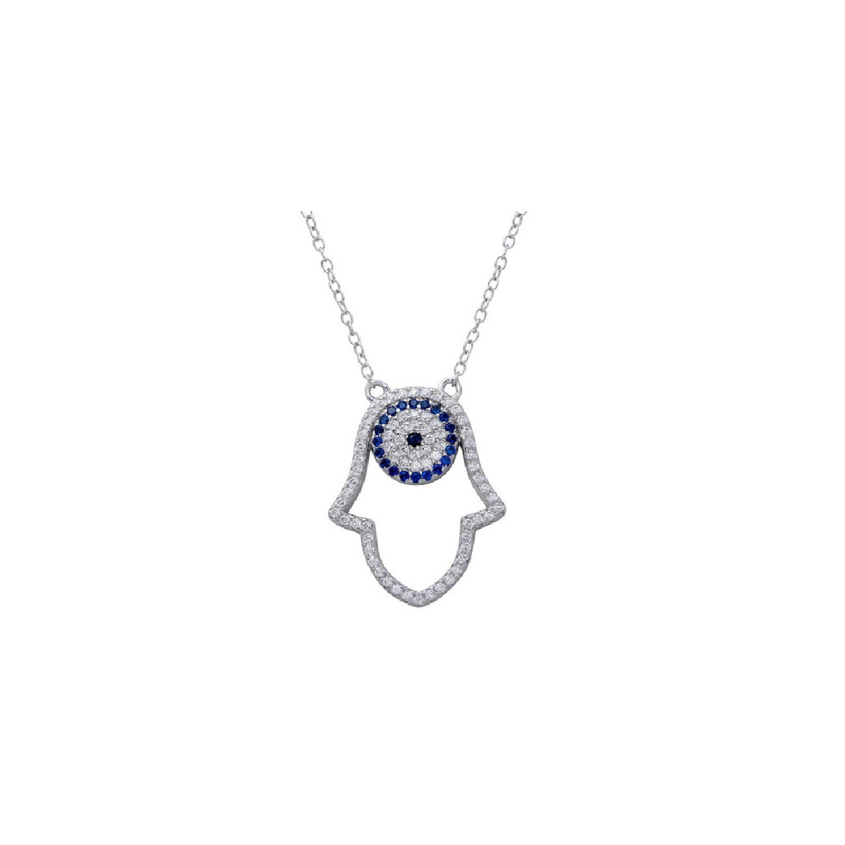 Gargantilla Hamsa De Plata Rodinada Con Ojo Circulo Azul Circones - BGP01268