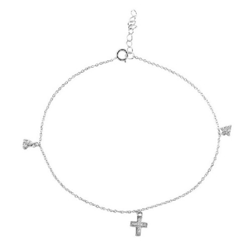 Tobillera Plata Rodiada Con Cruz, Corazó - BGF00016